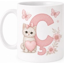 Kadorex Design Kişiye Özel Harfli Kedi Kupa – Sevimli Pembe Tasarımlı Kahve Kupası (Ç) | Hediyelik Bardak