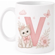 Kadorex Design Kişiye Özel Harfli Kedi Kupa – Sevimli Pembe Tasarımlı Kahve Kupası (V) | Hediyelik Bardak