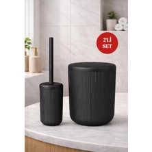 Okyanus Home Siyah Çizgili Yuvarlak 2'li Wc Kova ve Fırça Seti Suya Dayanıklı Malzeme ile