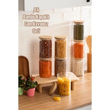 Porsima 2-4 Bambu Vakumlu Kapaklı Yuvarlak Cam 8li Kavanoz Seti Saklama Kabı 1300ML 10X20CM