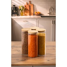 Porsima 4-4 Bambu Vakumlu Kapaklı Yuvarlak Cam 4lü Kavanoz Seti Saklama Kabı 2100ML 10X30CM