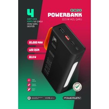 Powerway  20.000 Mah Pd 22.5W Kablolu 3.0 Hızlı Şarj Gerçek 20.000 Mah Garantili Işıklı QC20 Siyah Powerbank