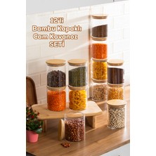 Porsima 1-4 Bambu Vakumlu Kapaklı Yuvarlak Cam 12LI Kavanoz Seti Saklama Kabı 750ML 10X12CM