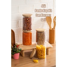 Porsima 2-4 Bambu Vakumlu Kapaklı Yuvarlak Cam 4lü Kavanoz Seti Saklama Kabı 1300ML 10X20CM