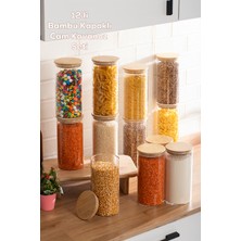Porsima 3-4 Bambu Vakumlu Kapaklı Yuvarlak Cam 12LI Kavanoz Seti Saklama Kabı 1650ML 10X25CM