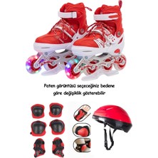 Düşler Oyuncak Dünyası Kırmızı Ayarlanabilir Işıklı Alıştırma Pateni (2+2 Veya 2+1+1) ve Kask Dizlik Seti Çantalı