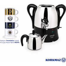 Korkmaz Çelik Gövdeli Yüksek Kapasiteli Elektrikli Semaver Siyah Tasarım Hızlı Kaynatma Özellikli Modern Çay Makinesi  + Fenerbahçe Fincan Seti