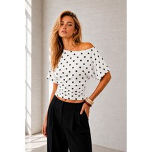 Ghassy Co. Kadın Düşük Omuz Pamuklu Likralı Yarasa Kol Bluz Günlük Modern Tasarım Spor T-Shirt