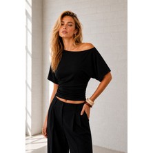 Ghassy Co. Kadın Düşük Omuz Pamuklu Likralı Yarasa Kol Bluz Günlük Modern Tasarım Spor T-Shirt