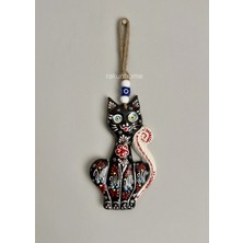 Rakun Home Otantik Çini Desenli Nazar Boncuklu Seramik Kedi Duvar Süsü – Kabartma Çiçek Desenli