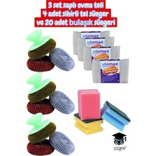 3 Set Saplı Ovma Teli 4 Adet Sihirli Tel Sünger ve 20 Adet Bulaşık Süngeri Tek Ebat Ovma Teli