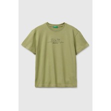 United Colors Of Benetton Erkek Çocuk Önü Baskılı Arkası Işlemeli Bisiklet Yaka T-Shirt Haki 6-13 Yaş