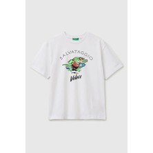 United Colors Of Benetton Erkek Çocuk Ön Baskı Detaylı Bisiklet Yaka T-Shirt Beyaz Ekru 6-13 Yaş
