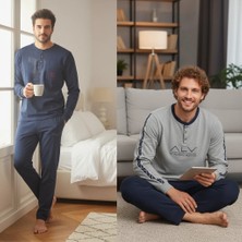 Bonbon Erkek Pamuklu Yakası Düğmeli Cepli Bohçalık Çeyizlik Ve Hediyelik 2 Adet 2'li Alt Üst Pijama Takımı ( AL007 V1, AL003 V2 ) BB2477