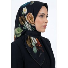 Hadiora Kadın Siyah Zeminli Çiçek Desenli Organik Pamuk Soft Eşarp