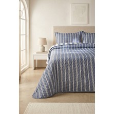 Ocean Home Textile Pamuklu Kapitoneli Lacivert Renk Çizgi Desen Çift Kişilik Yatak Örtüsü Seti 1 Adet 250 x 230 / 2 Adet 50 x 70 cm