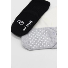 Uravas Store Mey Ithalat®   3'lü Basic Kaymaz Penye Soket Çorap 10107 Siyah Ekru Gri
