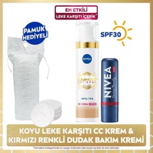 Nivea SPF30 Luminous630 Leke Karşıtı CC Krem Orta Ton 40ml ve Kırmızı Renkli Dudak Kremi, Pamuk Hediye