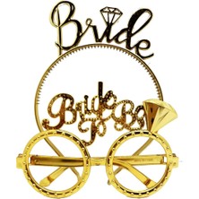 Mudanis Bride Yazılı Taç ve Bride To Be Yazılı Gözlük Seti Altın Renk