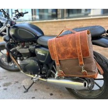 MWX Teknoloji Motosiklet Çantası, Motosiklet Yan Çantası, Deri Çanta, Mumlu Kanvas, Geçme Kilitli (Kahverengi)