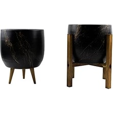 MWX Teknoloji Ev Dekorasyon Aksesuar Siyah Üzeri Mermer Efektli Toprak Saksı Saksılık Salon Çiçeklik Ikili Set 3 Ayaklı- 4 Ayaklı- 19 cm
