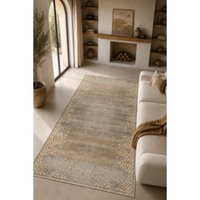 Fuly Consept Vintage Görünümlü Modern Halı | Gri Gold Bej Renk | Etnik Bordürlü Salon Halısı | Gri Yıkanabilir Kilim | Oturma Odası Halısı Yh 2206-2