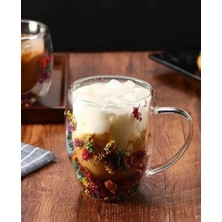 MWX Teknoloji Çift Cidarlı Borosilikat Cam, Renkli Kuru Çiçek Tasarımlı, 350 ml Kapasiteli, Kulplu, Şeffaf Kahve Kupası