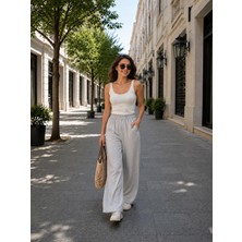 Esra Butik %100 Tensel Yazlık Pantolon Acı Kahve & Taş Renk Rahat Kalıp Kadın Pantolon
