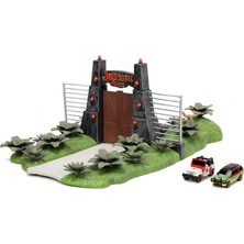 MWX Teknoloji Jada Toys World Scene (17 x 18 Cm) - Gate ile Oyun Arka Planı, 2 Metal Araba (Jeep ve Explorer) ve Dinozor Dekorasyonu, 6 Yaşından Büyük Hayranlar ve Çocuklar