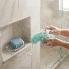 MWX Teknoloji 4 Parça Şeffaf Makyaj ve Banyo Çantası Seti - Mavi Banyo Lifi, Sırt Kesesi ve Mikrofiber El Havlusu - Su Geçirmez Seyahat Tipi Kozmetik Organizeri