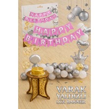 Party Express Gümüş Varak Yaldızlı Lüks Happy Birthday Banner - Pembe