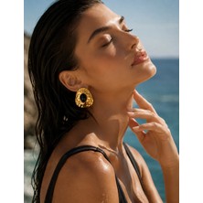 Solare Accessories Siyah Taş Detaylı Dokulu Altın Kaplama Vintage Küpe (Hipoalerjik)