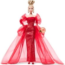 MWX Teknoloji Işıltılı Kırmızı Tül Elbisesi, Damla Küpeleri ve Tül Eldivenleri ile Sarı Saçlı Bebek, Koleksiyona Uygun Mattel 80. Yıl Dönümü Bebeği, JBJ17