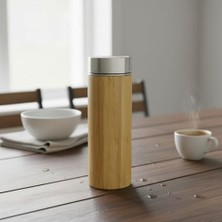 MWX Teknoloji 450 ml Bambu Kaplamalı Çelik Termos - Klasik Bardak Kapaklı ve Soğuk Tutucu Seyahat Termosu