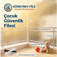 Güneybey File Beyaz Çocuk Güvenlik Filesi – 3m Yükseklik | Balkon Filesi | 4mm Ip, 5x5 cm Göz Açıklığı + Montaj Seti