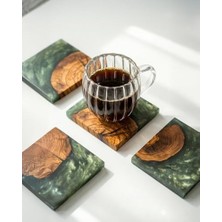 MWX Teknoloji Zeytin Ağacı & Yeşil Epoksi Bardak Altlığı Seti 4’lü – El Yapımı Ahşap Reçine