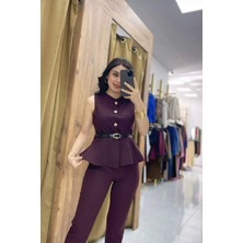 Lifera Gold Düğme Detaylı Peplum Yelek ve Kalem Pantolon Ikili Takım, Ceket- Pantolon Takım