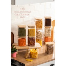 Porsima 5-4 Bambu Vakumlu Kapaklı Kare Borosilikat Cam 12LI Kavanoz Seti Saklama Kabı 750ML 7,5X15CM