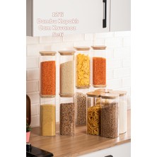 Porsima 7-4 Bambu Vakumlu Kapaklı Kare Borosilikat Cam 12LI Kavanoz Seti Saklama Kabı 1900ML 9,5X27CM
