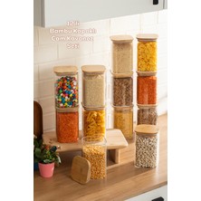 Porsima 6-4 Bambu Vakumlu Kapaklı Kare Borsilikat Cam 12LI Kavanoz Seti Saklama Kabı 1250ML 9,5X15CM