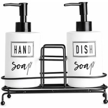 MWX Teknoloji Modern Beyaz Cam Sıvı Sabunluk Seti 2 Li Metal Standlı El Sabunu ve Bulaşık Deterjanı Için Ideal Çift Dispenser Şık Görünüm Kolay Kullanım ve Dekoratif Tasarım