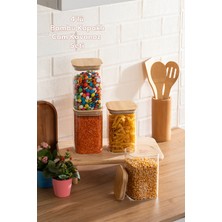 Porsima 6-4 Bambu Vakumlu Kapaklı Kare Borosilikat Cam 4lü Kavanoz Seti Saklama Kabı 1250ML 9,5X15CM