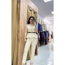Lifera Gold Düğme Detaylı Peplum Yelek ve Kalem Pantolon Ikili Takım, Ceket- Pantolon Takım