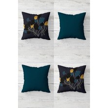 MWX Teknoloji Pelangi Gelincik Desenli Gizli Fermuarlı Kırlent Kılıfı Koltuk Yastık Kılıfı TAKIM(4ADET), Hardal-Lacivert 45 x 45