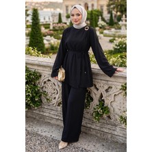 Hafsa Mina Omuzdan Toka Detaylı Modal Takım Siyah HM2919