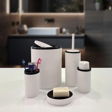 MWX Teknoloji Beyaz Plastik Banyo Seti, 5 Parça, Çöp Kovası, Tuvalet Fırçası, Diş Fırçalığı, Sabunluk ve Sıvı Sabunluk