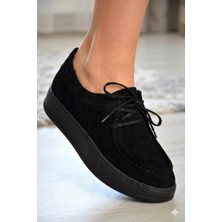 Shoemix Kadın Siyah Süet Hakiki Deri Bağcıklı Hafif Dolgu Taban Günlük Rahat Ayakkabı
