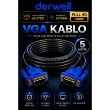 Derwell 5 Metre VGA Kablo Full Hd 1080P Kesintisiz Aktarım D-Sub Erkek To Erkek Altın Uçlu Dayanıklı Monitör Projeksiyon Bilgisayar Ekran Görüntü Aktarıcı Kablosu Çift Vidalı Güvenli Sabitleme