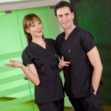 Çizgi Medikal Siyah Dr. Greys Doktor Hemşire Medikal Scrubs Takım Terikoton Kumaş