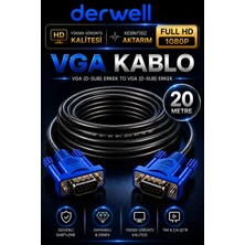 Derwell 20 Metre VGA Kablo Full Hd 1080P Kesintisiz Aktarım D-Sub Erkek To Erkek Altın Uçlu Dayanıklı Monitör Projeksiyon Bilgisayar Ekran Görüntü Aktarıcı Kablosu Çift Vidalı Güvenli Sabitleme